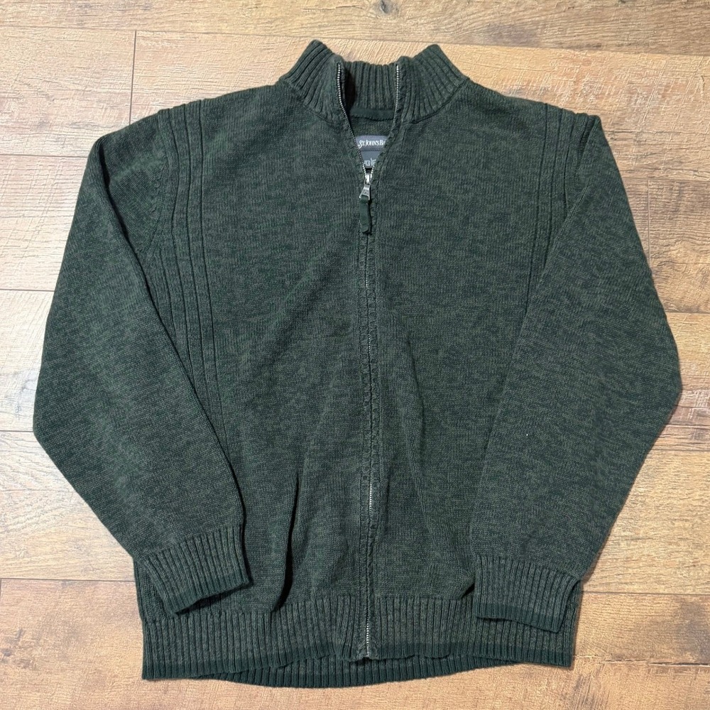 St Johns Bay Mens Full Zip Cardigan Sweater Green Cotton Mock‎ Neck Large